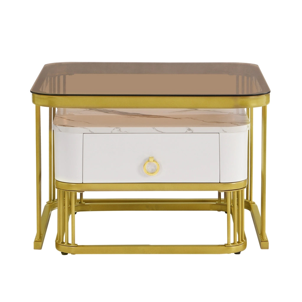 Set di 2 tavolini da caffè modulari bianchi e oro con piano effetto marmo e cassetto