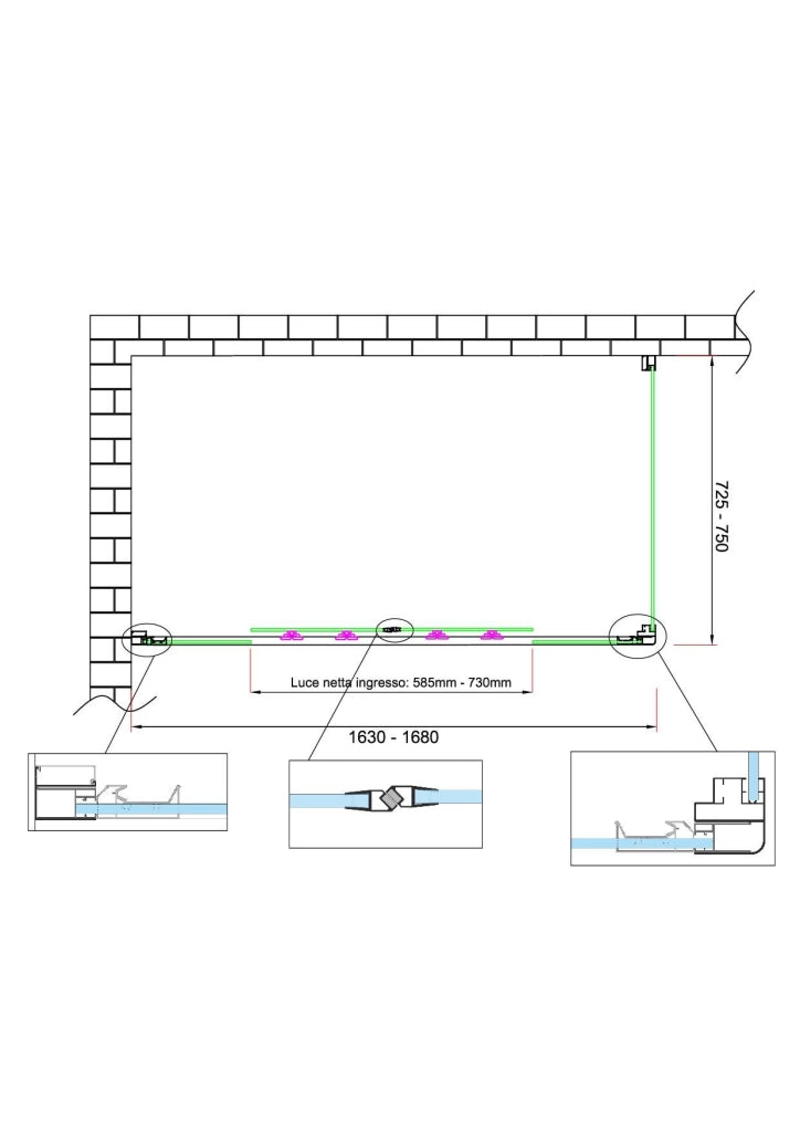Box doccia 6 mm H 190 parete fissa e porta a 4 ante con apertura centrale MISURA 72,5-75 ANTA FISSA + PORTA 163-168