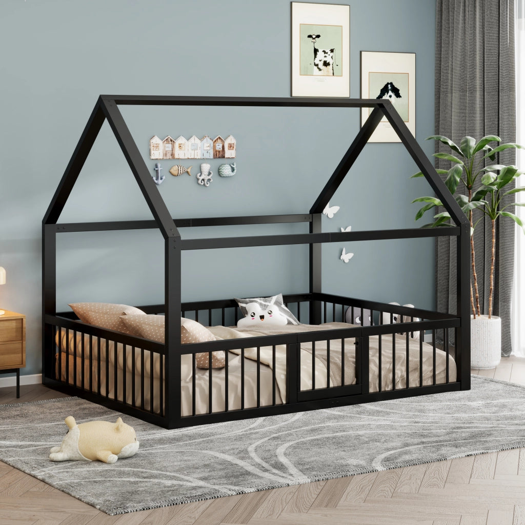 OKWISH Letto a casetta 140×200 cm, Letto Matrimoniale con Sponde e Cancelletto, senza Materasso, in Metallo, Nero