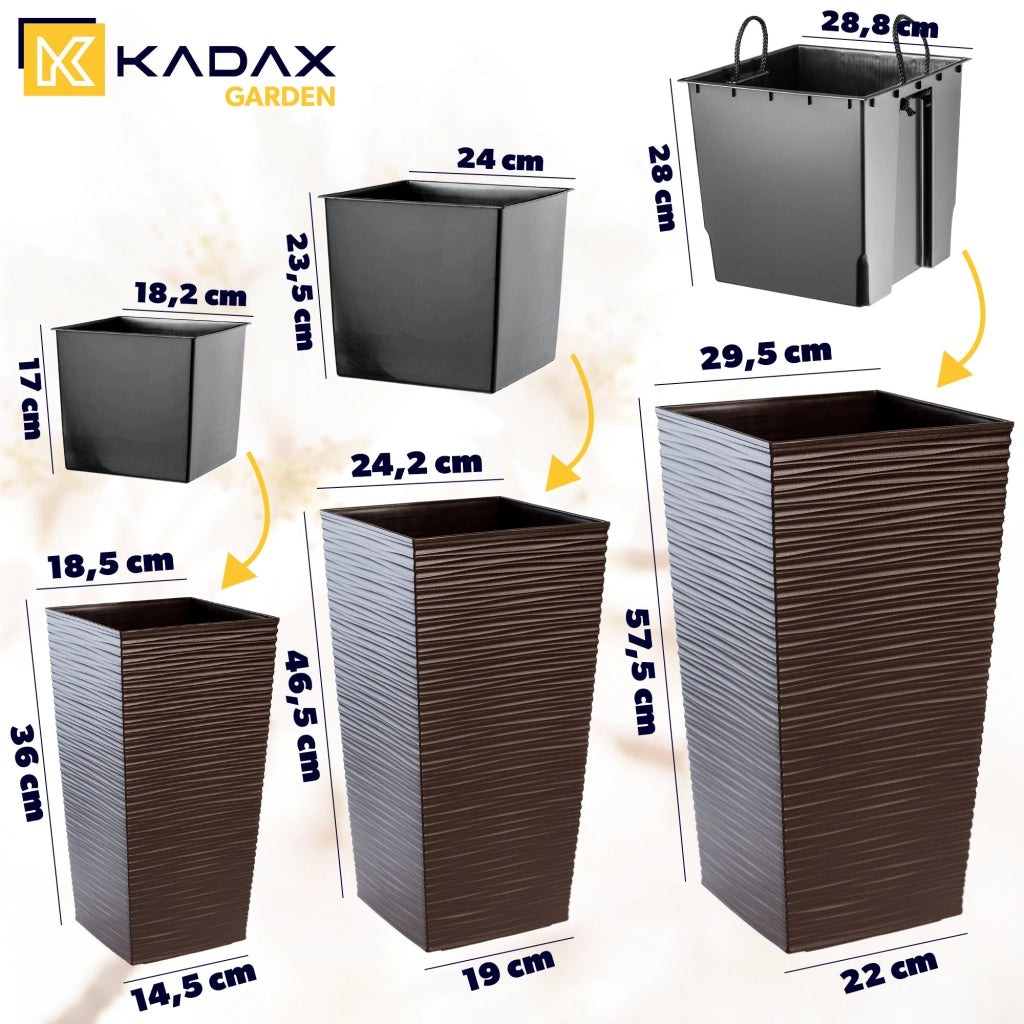 Set di 3 vasi da fiori KADAX, vasi da giardino + inserto, alti e grandi, color moka, 37+47+57 cm