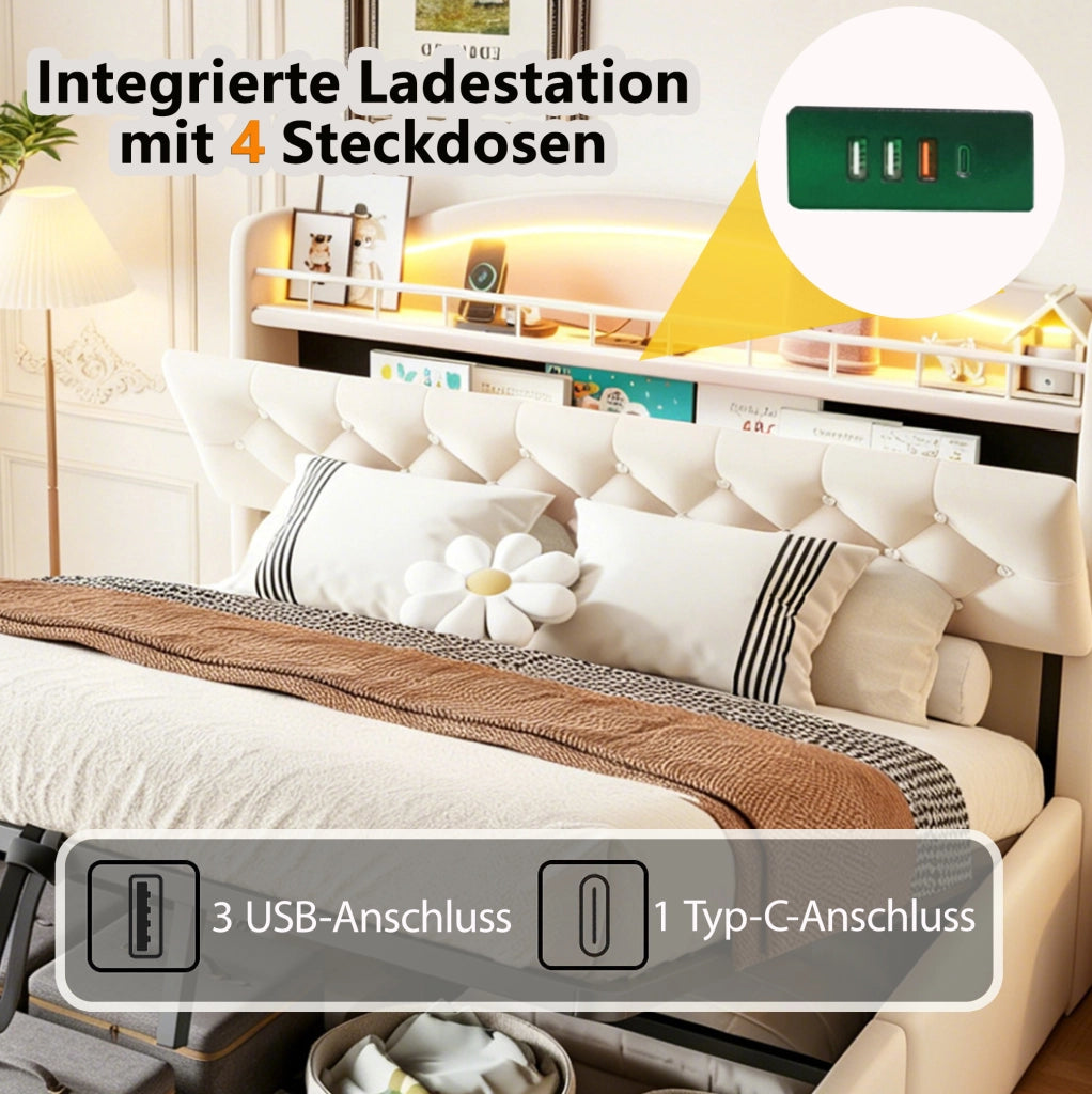Letto imbottito 180x200 cm con contenitore idraulico e LED