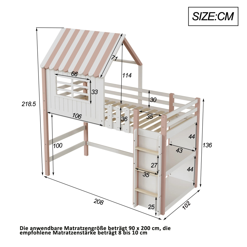 LETTO per bambini 90x200 cm a casetta in legno massello rosa