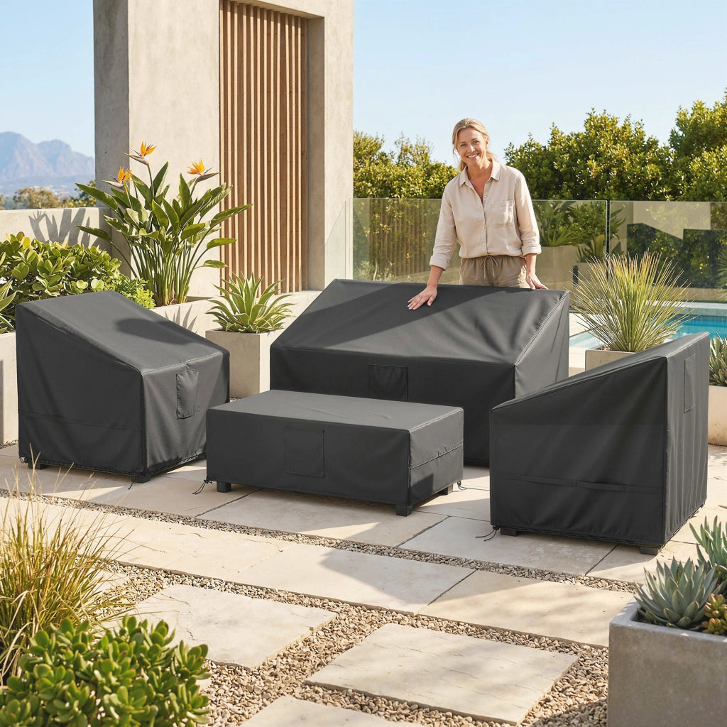 Set 4 Coperture per Mobili da Giardino 4 Pezzi Impermeabili in Tessuto Oxford 420D Nero