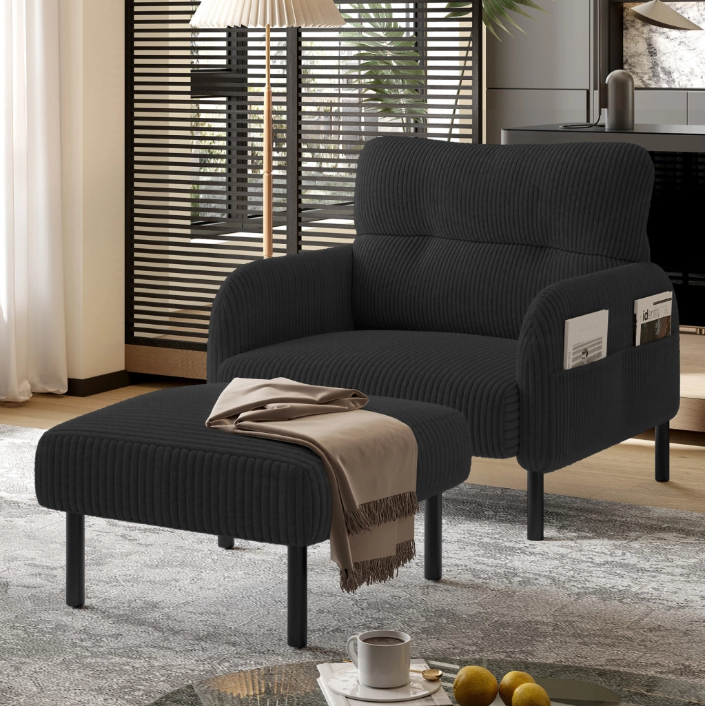Pouf in tessuto a coste nero 56 x 51 x 39 cm con struttura in metallo