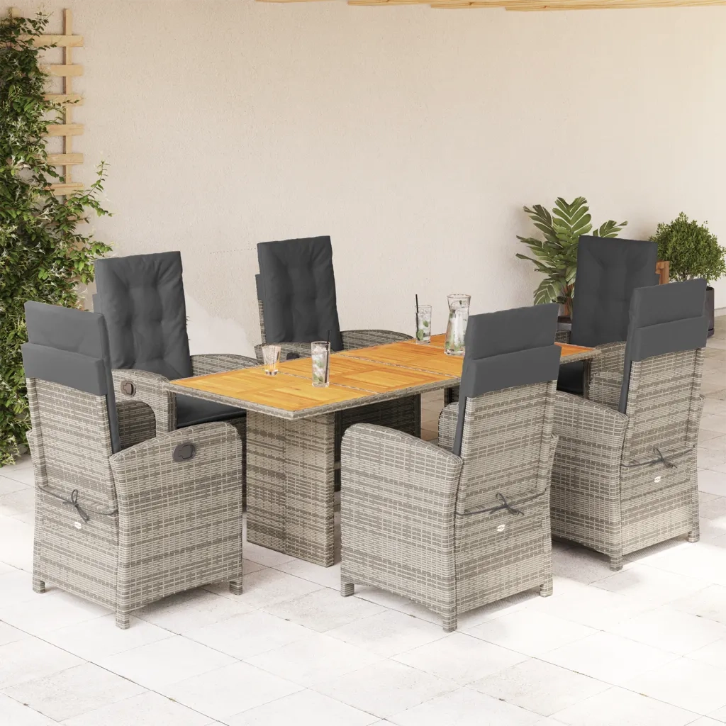 Set da Pranzo da Giardino 7 pz con Cuscini in Polyrattan Grigio