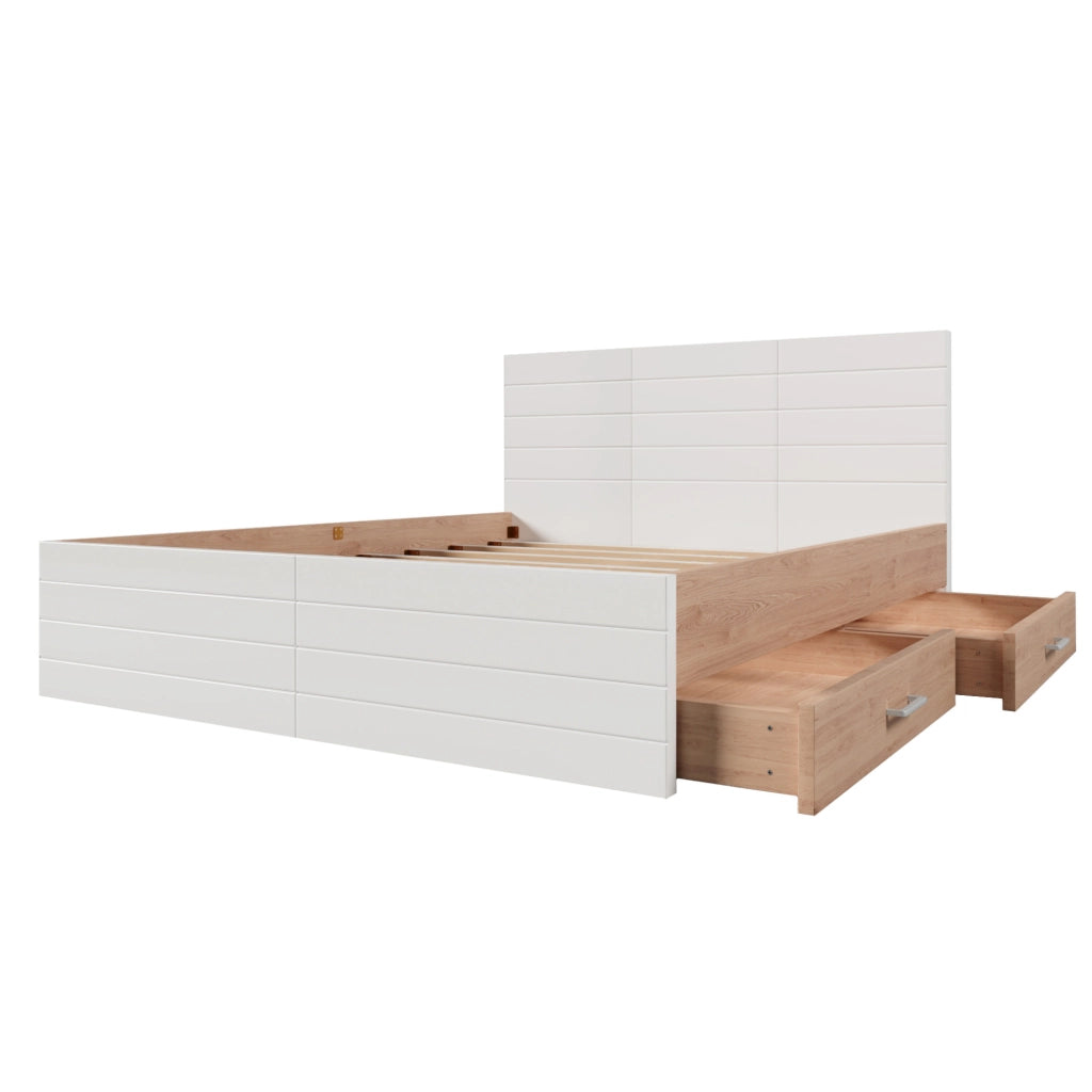 Letto matrimoniale 140x200 cm con 2 cassetti e rete a doghe; legno e MDF bianco e rovere chiaro
