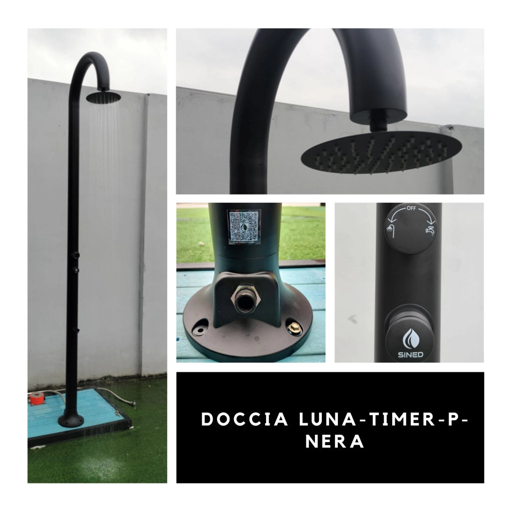 Sined Luna Timer p Nera Doccia In Alluminio Doppio Attacco Acqua Fredda Laterale o Inferiore Su Un Unico Tubo Interno Doccia Acqua Fredda Temporizzata Con Soffione Lavapiedi e Miscelatore Nero