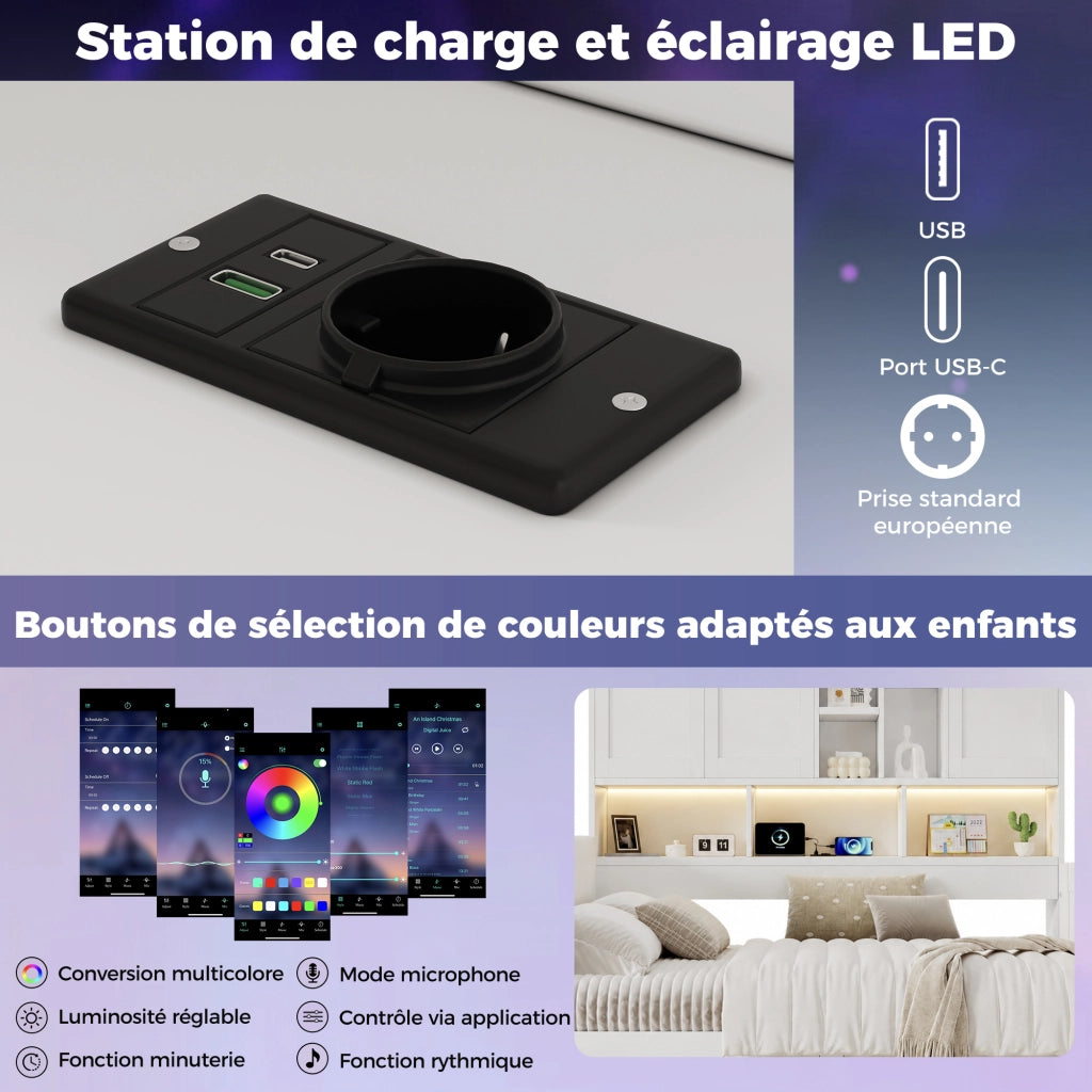 Letto a divano a L 140x200 cm con vani portaoggetti, 2 cassetti, ripiani, LED, presa USB e testiera imbottita in PU, legno bianco
