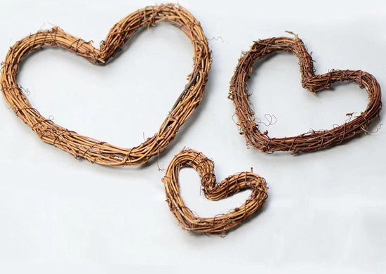 3 pezzi di corona a forma di cuore in rattan, rustico, di rattan, a forma di cuore, corona a rattan, corona da vino, corona di Natale, decorativa appesa, corona da tavola, natura, muro, tavolo, decorazione, legno, canna di lino e rami di vite