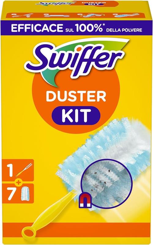 KIT SWIFFER PIUMINO CATTURAPOLVERE (1 MANICO + 7 RICAMBI) EFFICACE SUL 100% DELLA POLVERE