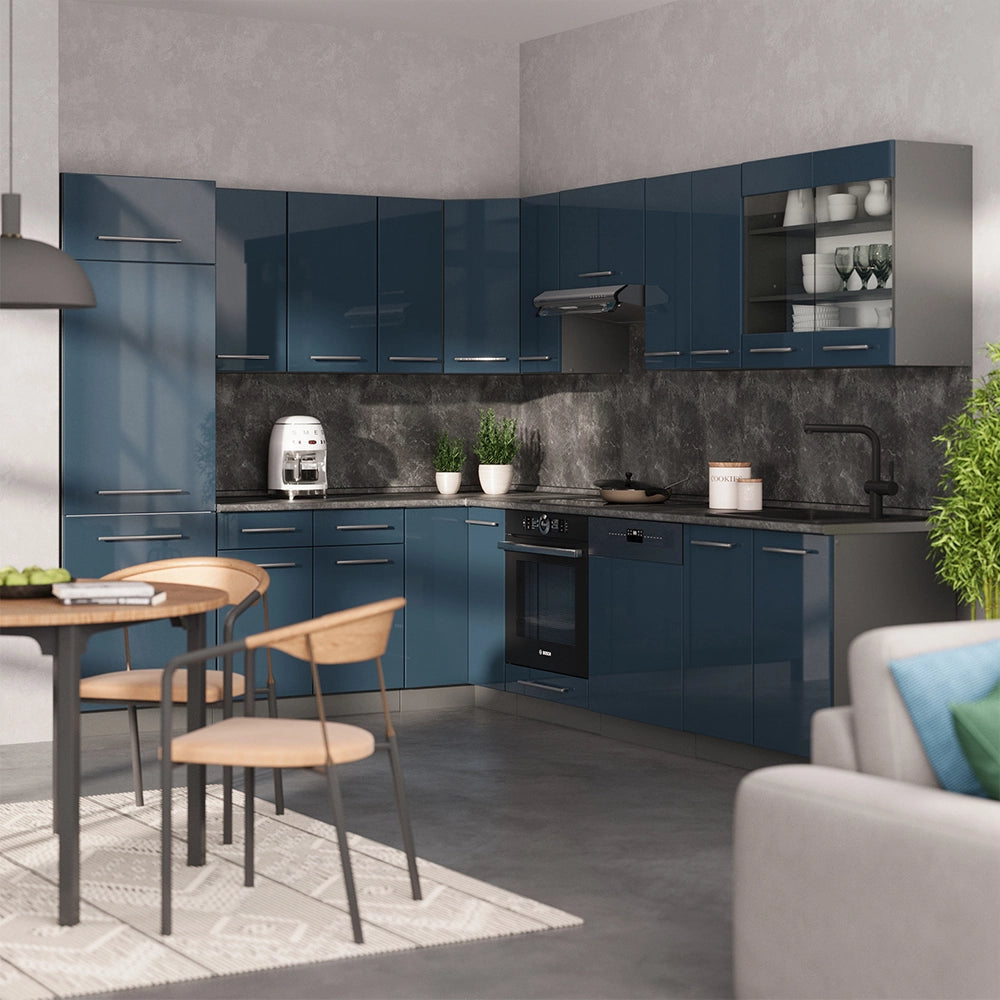 Cucina angolare completa Fame-Line Blu scuro lucido/Antracite 287 x 60 cm, PL Marmo Vicco