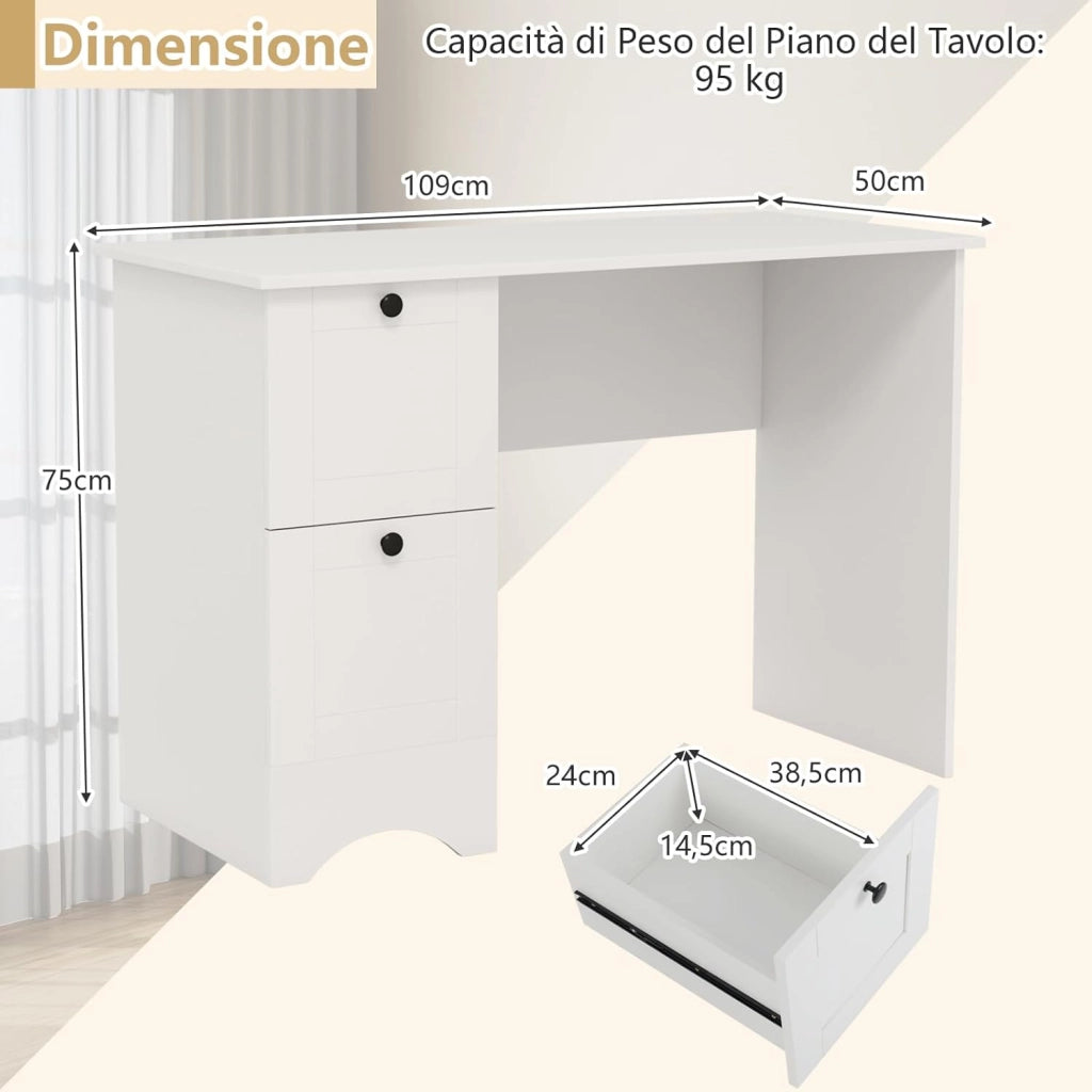Scrivania per Computer con 2 Cassetti a Maniglia, Scrivania PC Salvaspazio Multifunzionale, Scrivania Gaming per Ufficio, Soggiorno, Camera da Letto e Studio, 109 x 50 x 75 cm (Bianco)