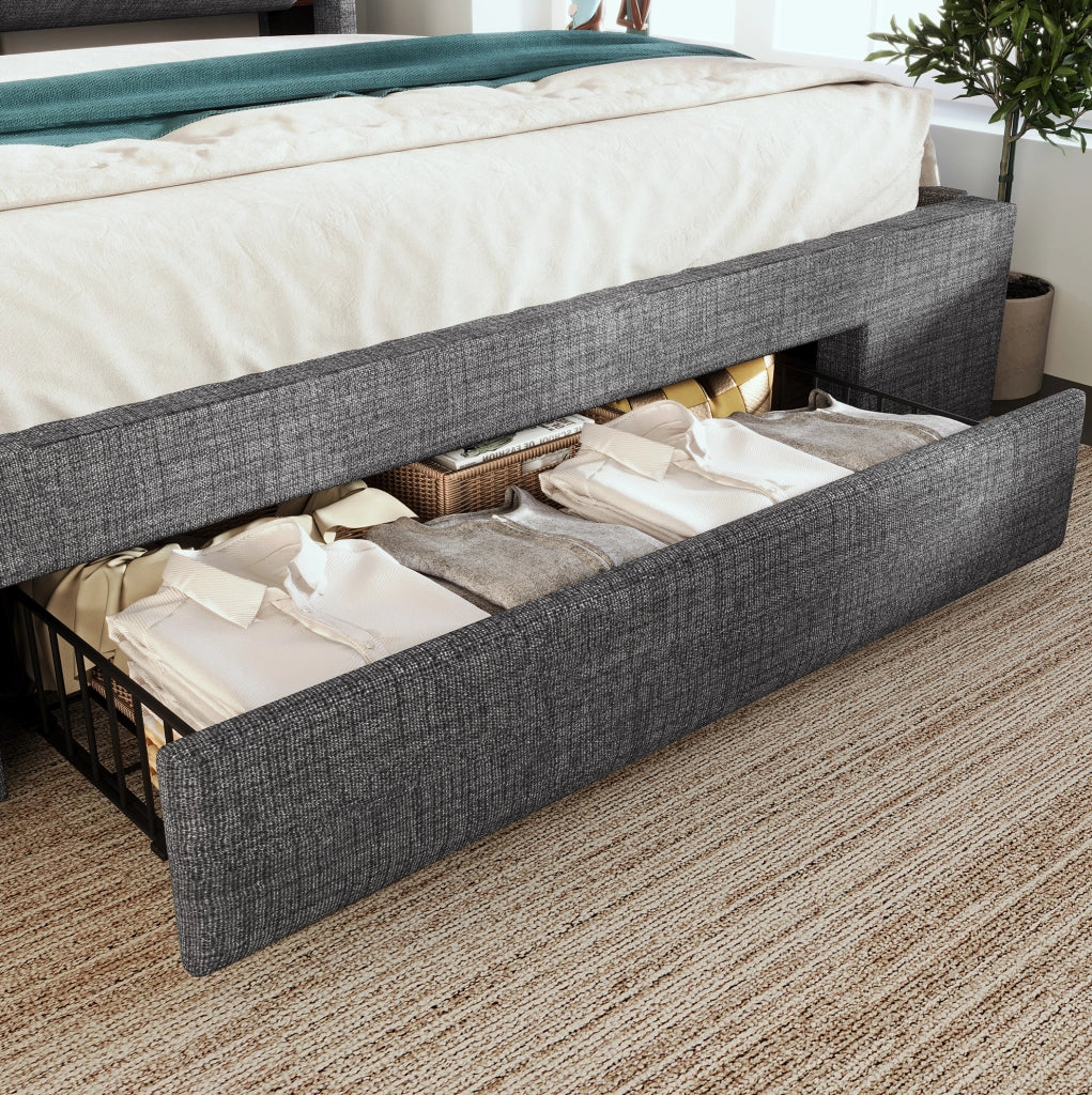 Letto imbottito 180x200 cm con contenitore idraulico; testiera con USB; USB-C e LED; grigio