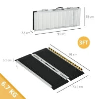 Rampa per Sedia a Rotelle Pieghevole in Alluminio con Deflettori e Adesivi, 91x73.6x5.1 cm, Nero