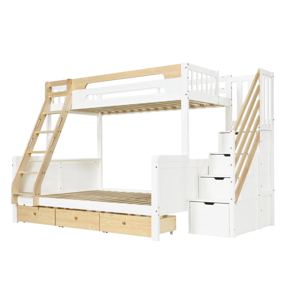 Letto a Castello 90x200 cm e 140x200 cm con Scaletta; 3 Cassetti; Bianco e Naturale