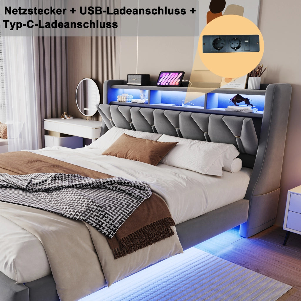 Letto imbottito matrimoniale 180×200 cm con testiera ribaltabile; USB; Type-C; LED e contenitore; senza materasso