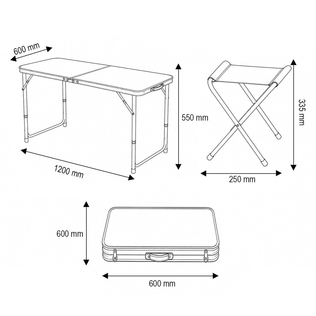 Set tavolo pieghevole da campeggio con 4 sedie in alluminio, portatile tipo valigia, regolabile in altezza, 120x60 cm. Breckner Germany