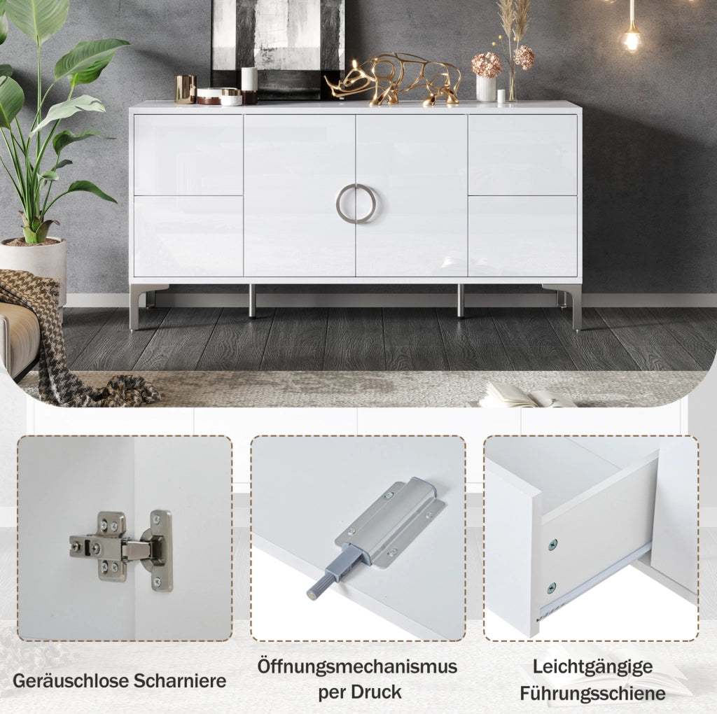 Credenza bianca lucida 150 cm con 4 cassetti e 2 ante