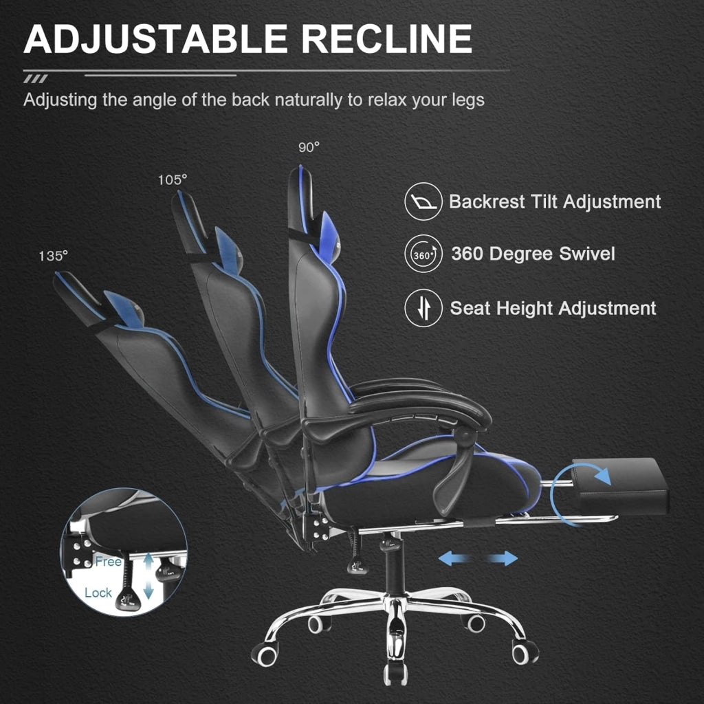 Sedia da Gaming, Ergonomico Sedia da Ufficio, con Massaggiante poggiapiedi e supporto lombare, Schienale Regolabile 90-135°, Portata 150 kg, sedia per computer, Blu