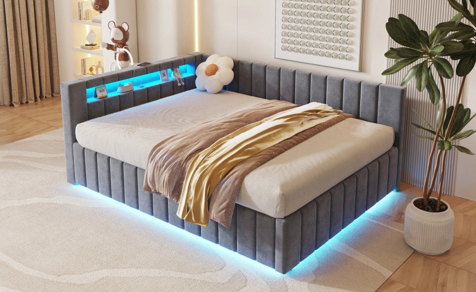 LETTO Contenitore 140x200 cm in velluto grigio con LED e USB