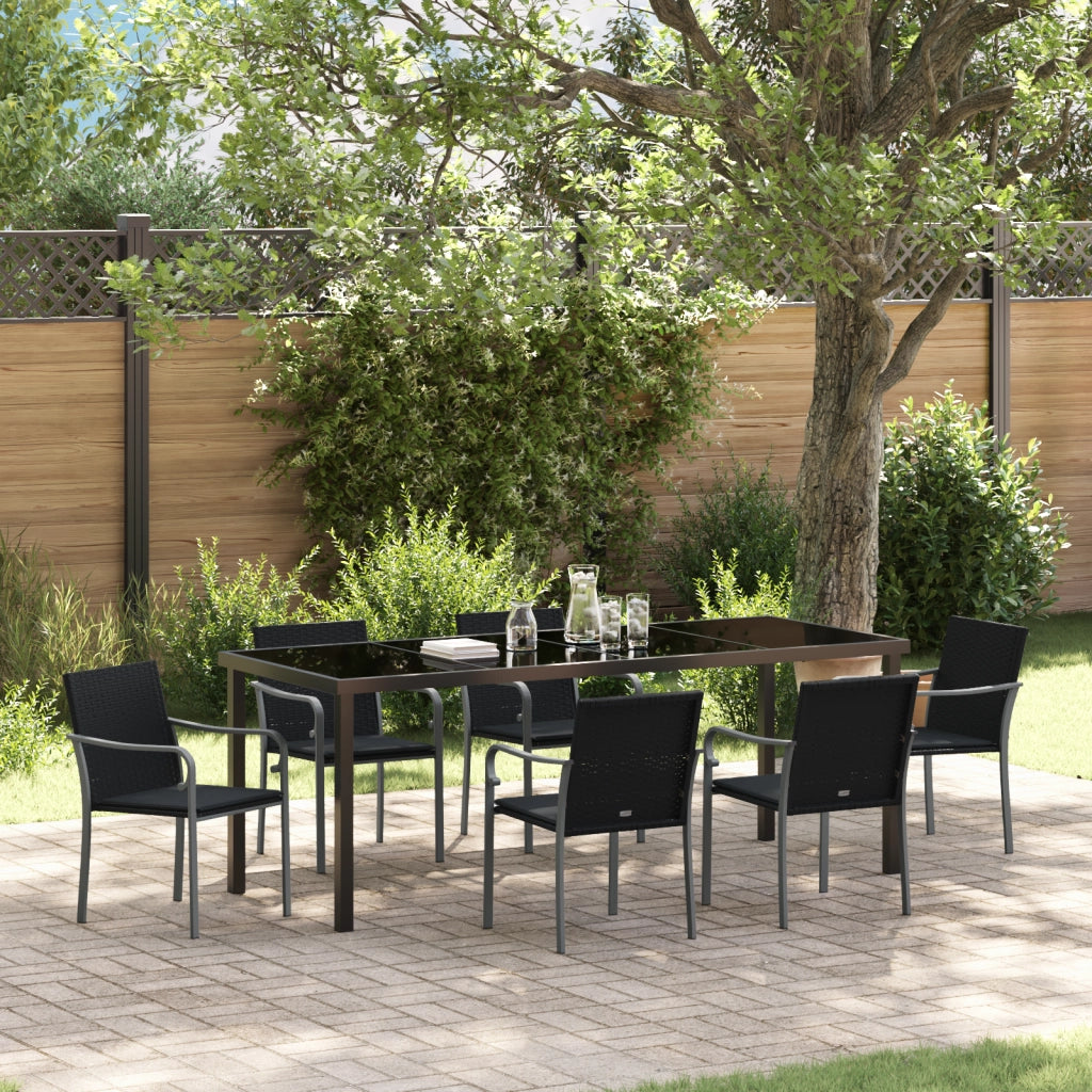 Set da pranzo per il giardino in 7 pezzi con cuscini in polyrattan neri