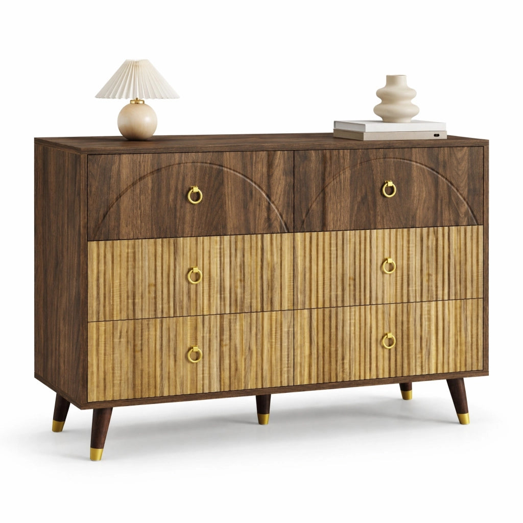 Sideboard vintage a 6 cassetti 120x40x81 cm in MDF e pannello truciolare; naturale