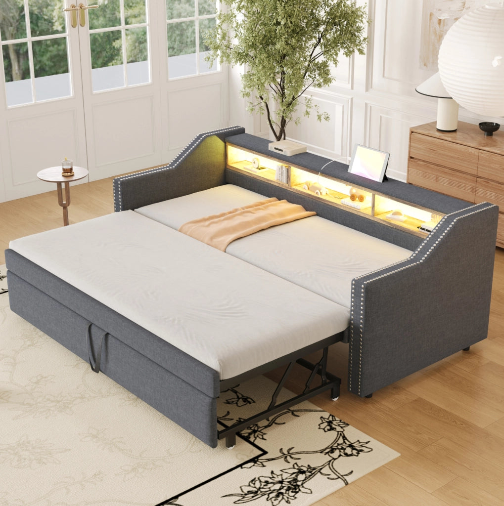 Divano letto estraibile 90/180x190 cm con LED; USB e vani laterali; grigio scuro