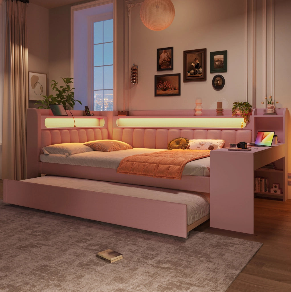 Letto da giorno imbottito 140x200 cm rosa con LED, USB e scrivania