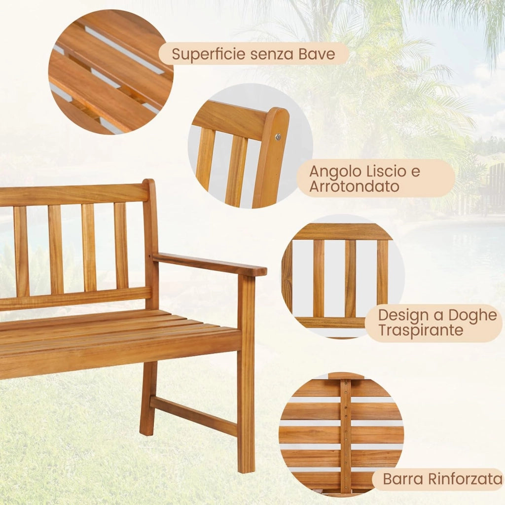 Panchina da Esterno in Legno di Acacia, Panchina con Schienale, Braccioli e Sedile a Doghe, Panchina da Giardino, Balcone e Cortile, Portata 360 kg (122 x 56,5 x 86 cm)