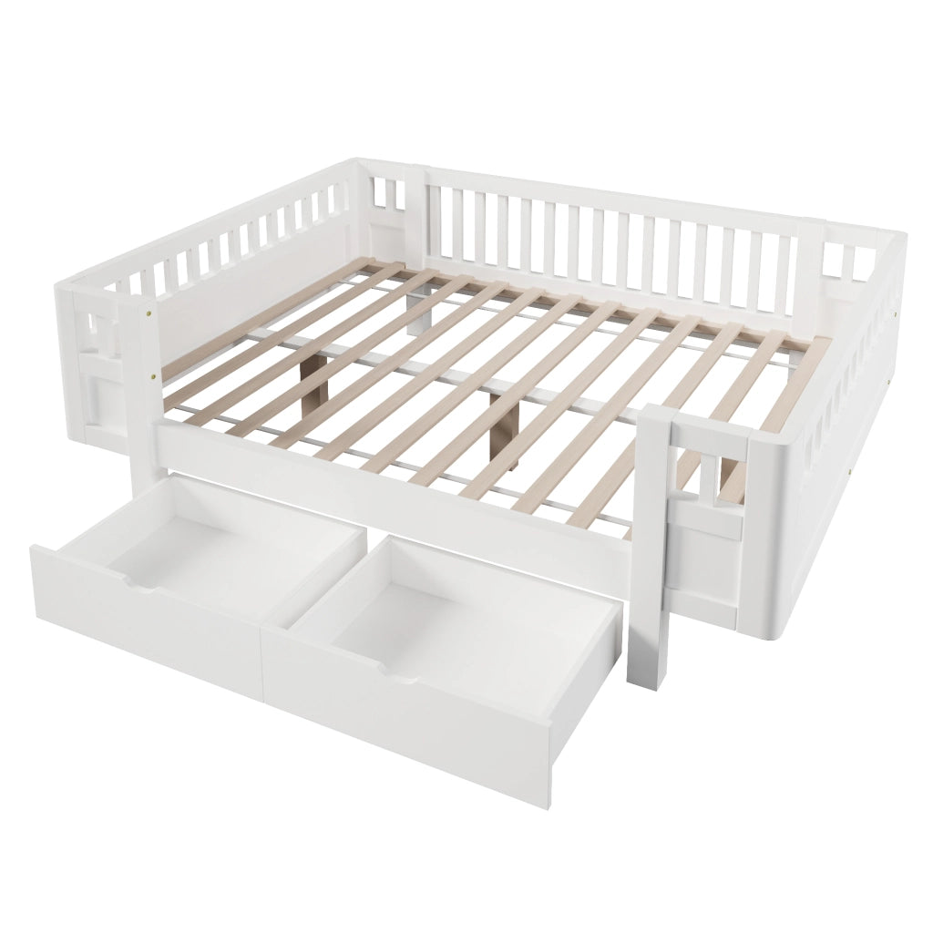 Letto per bambini 140x200 cm con sponde alte e due cassetti estraibili; bianco