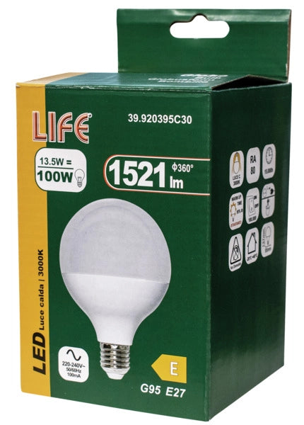 LAMPADA LED GLOBO G95 LIFE ELECTRONICS 175-250V 13,5W 1521lm 3000K E27