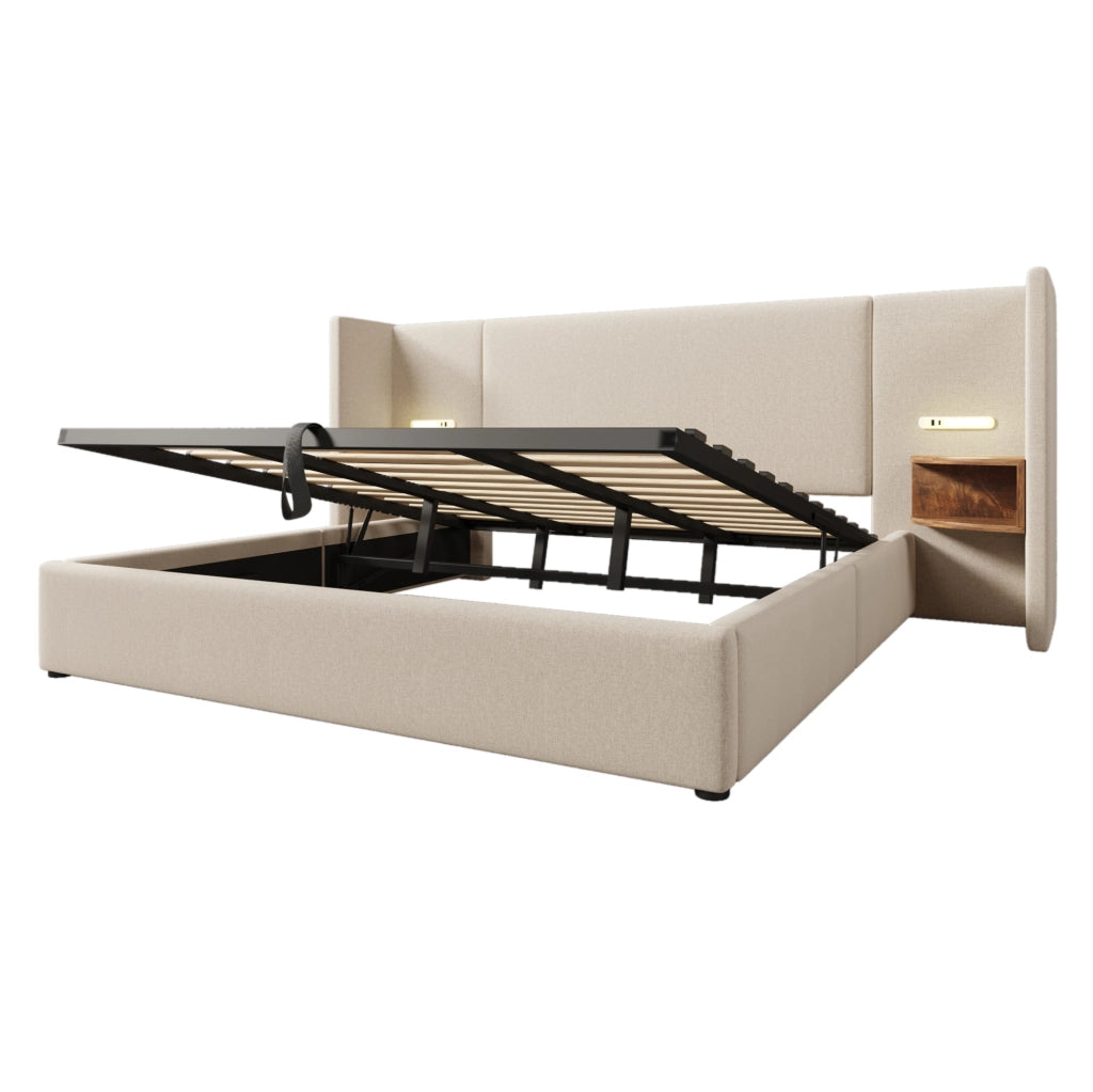 Letto contenitore 180x200 cm con testiera multifunzione; luce lettura e USB in lino beige