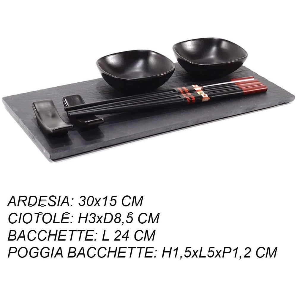 Trade Shop - Set Sushi Composto Da 4 Bacchette E 2 Piatti Per Salse Con Vassoio In Ardesia -