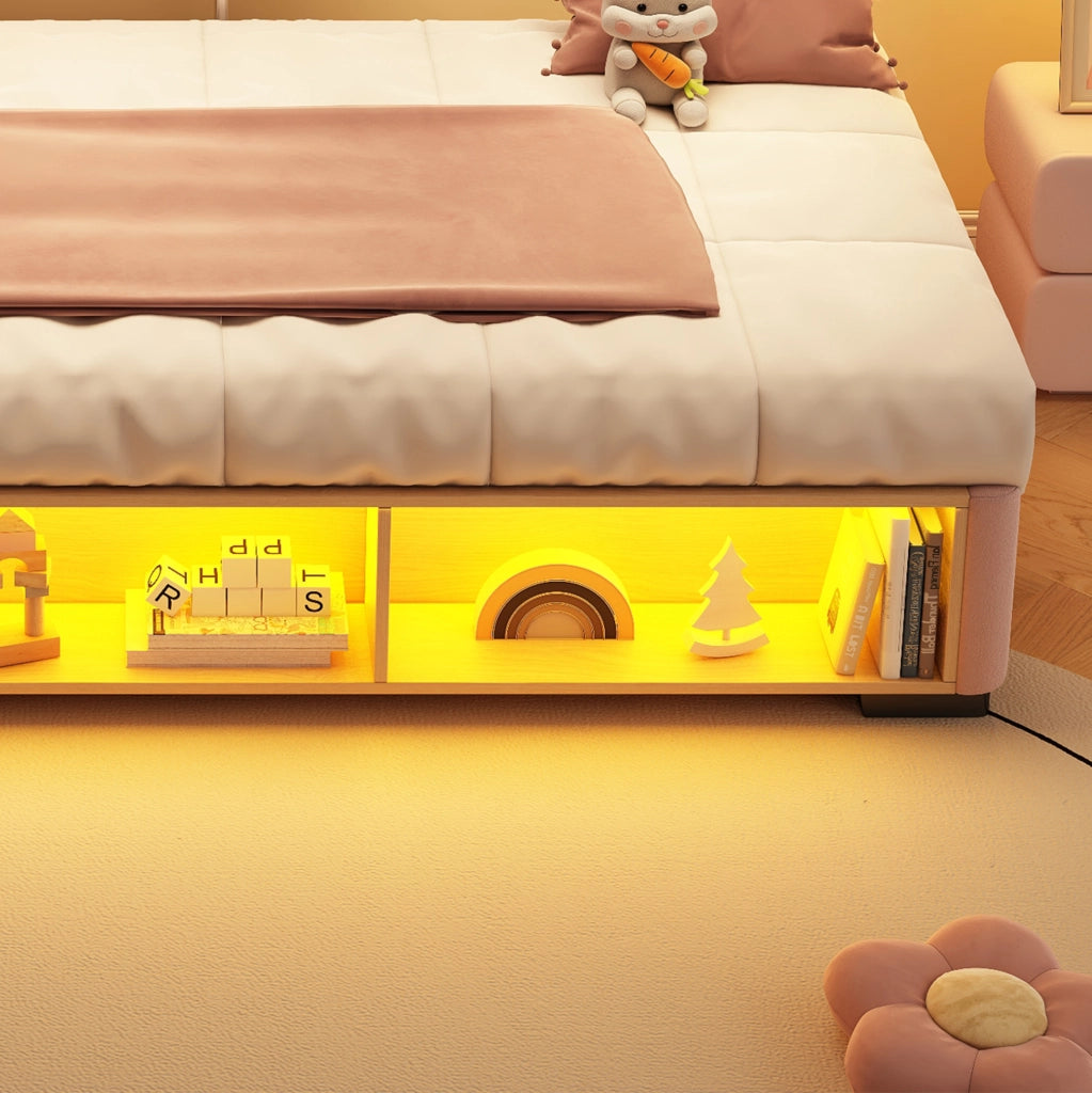 Letto imbottito per bambini rosa 90x200 cm con scaffale LED e spazio contenitore