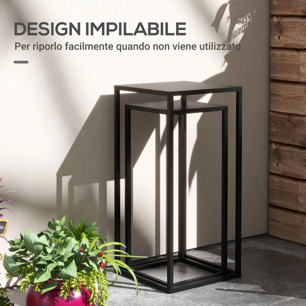 Set 2 Tavolini Portapiante ¨C Xylo ¨C Acciaio Nero 25x25x58.5cm e 31x31x65cm