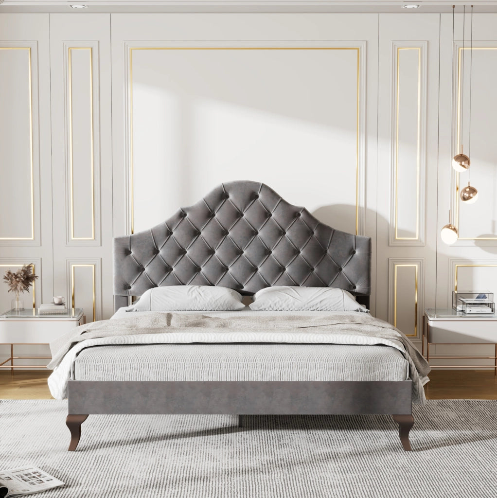 Letto imbottito matrimoniale 140x200 cm in velluto grigio con rete a doghe e testiera