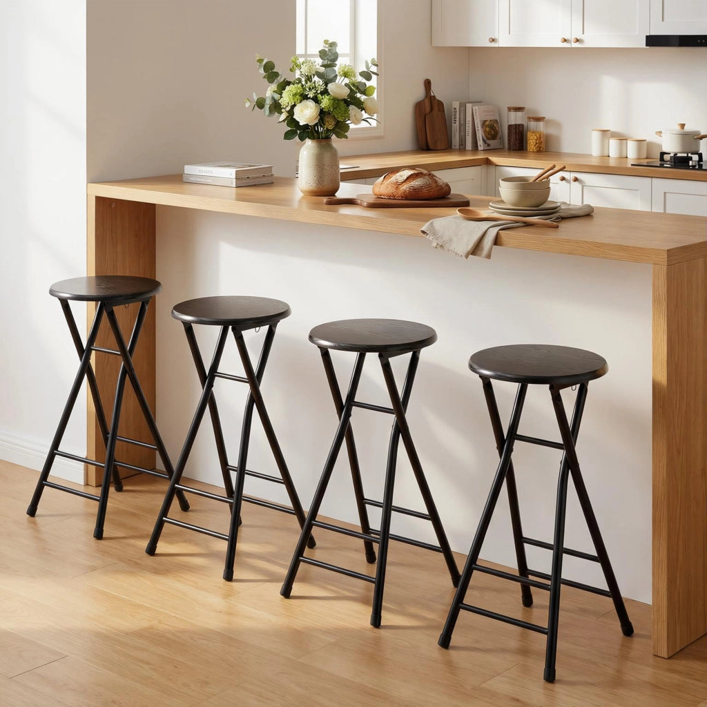 Set 4 Sgabelli Bar Pieghevoli ¨C Zephmum ¨C Legno e Acciaio, Nero, 34x30x70 cm