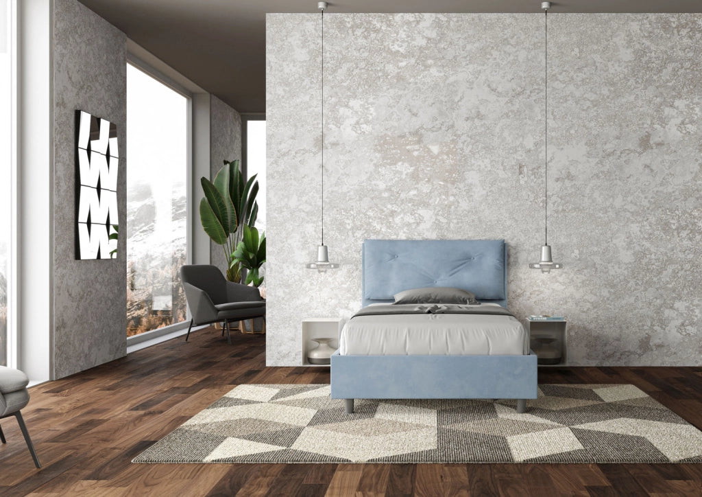 BS COM Letto una piazza e mezza con rete imbottito 130x190 microfibra azzurro Large