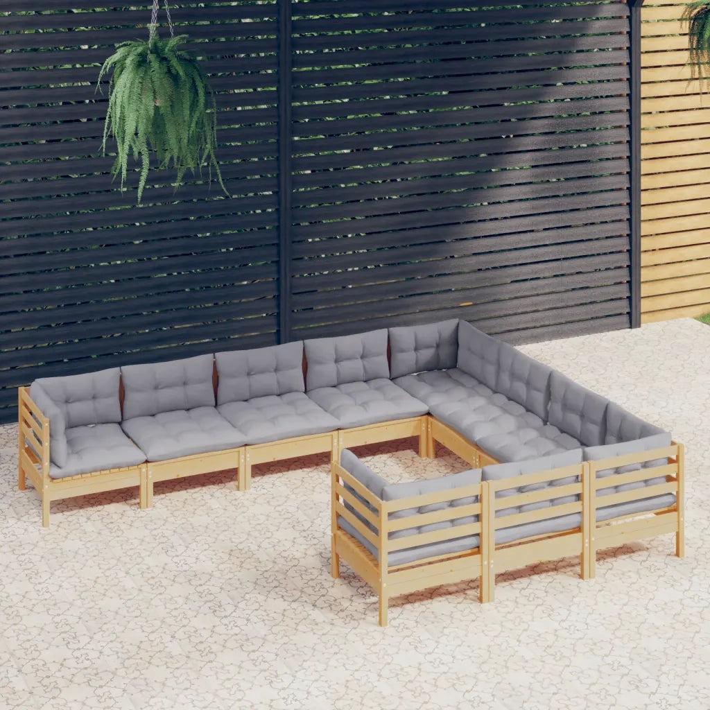 Set Divani da Giardino 10 pz con Cuscini Grigi Massello di Pino 3096994