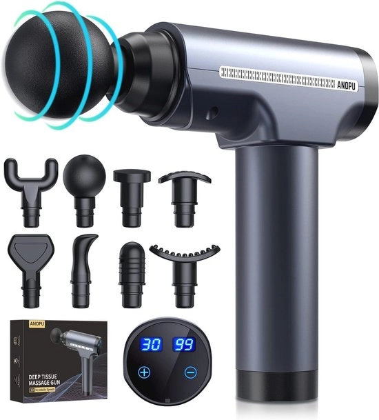 Pistolo di massaggi per massaggi profondi tessutali - 30 velocità, 8 teste di massaggi, schermo LCD a tocco