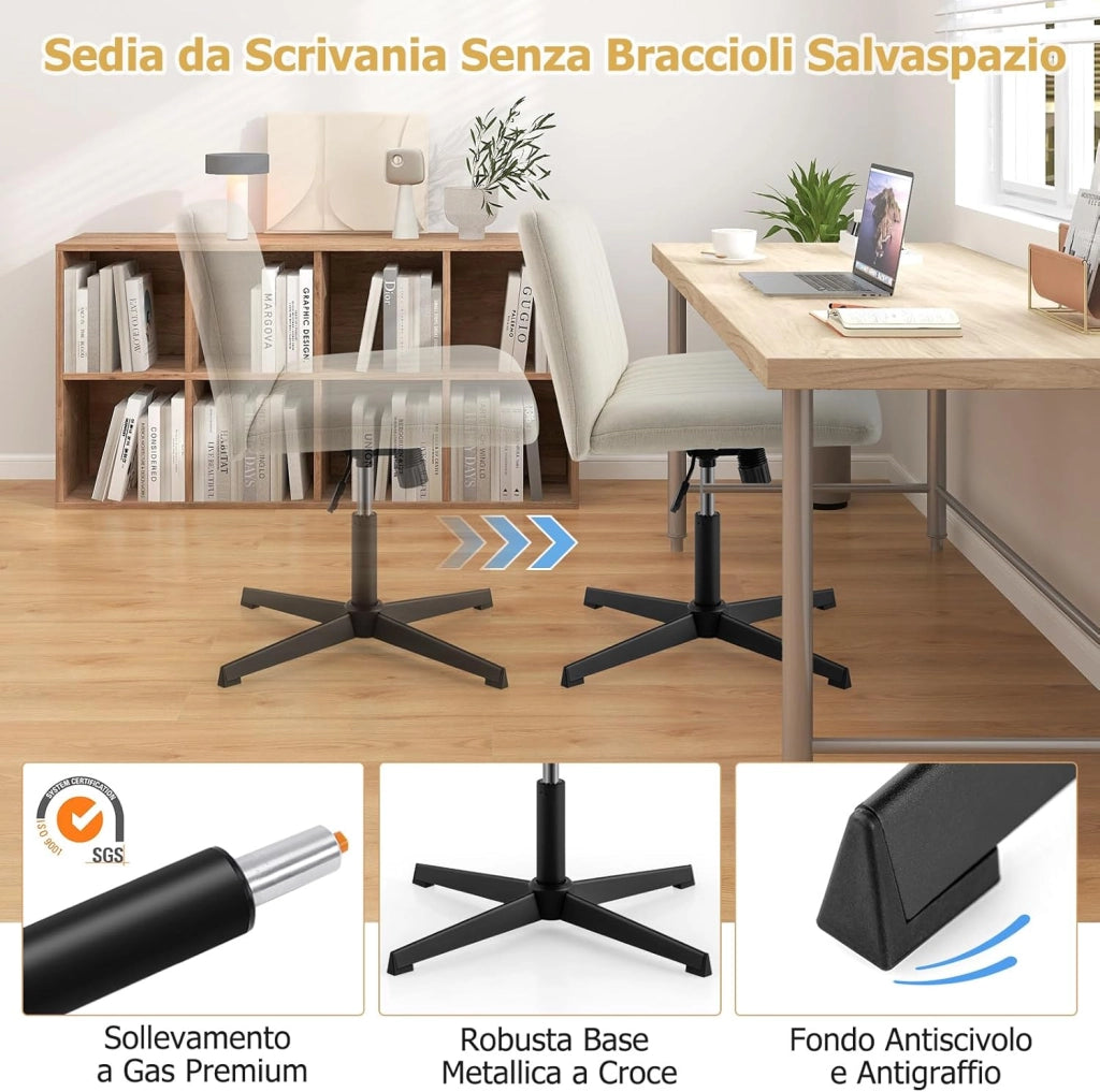 Sedia Ufficio Senza Ruote, Sedia da Scrivania con Sedile Imbottito, con Funzione a Dondolo 100°-120°, Girevole 360°, Altezza Regolabile, Sedia Ergonomica Portata 150 kg (Beige)