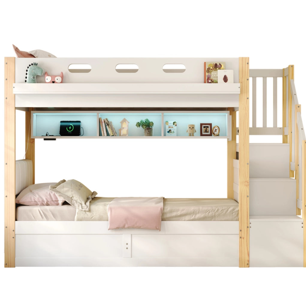 Letto a castello 90x200 cm con contenitore idraulico, LED, USB in pino e MDF bianco