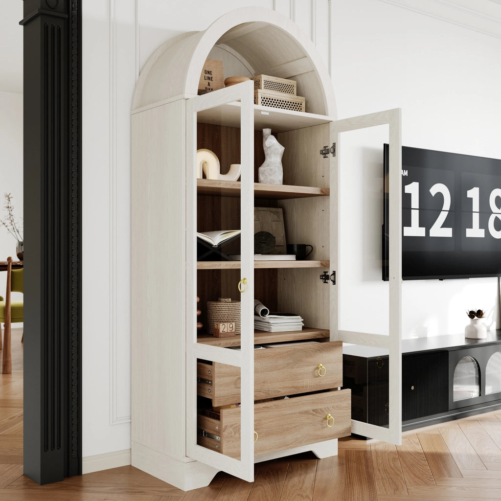 Credenza alta con 2 ante in vetro; 2 cassetti e ripiani regolabili per cucina; in MDF e vetro; 76.2×40.1×180 cm; bianco