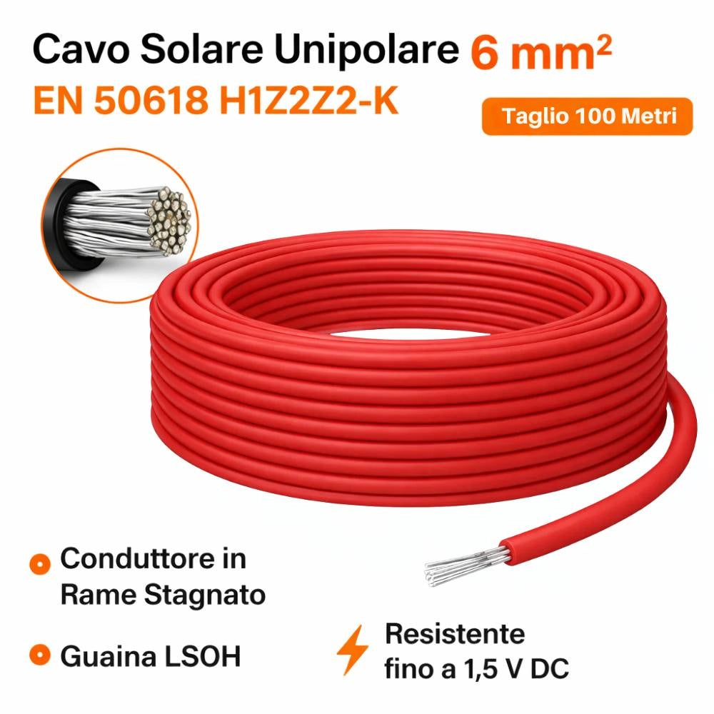Cavo solare unipolare rosso flessibile 6 mm² per impianti fotovoltaici *** lunghezza metri 100, confezione 1