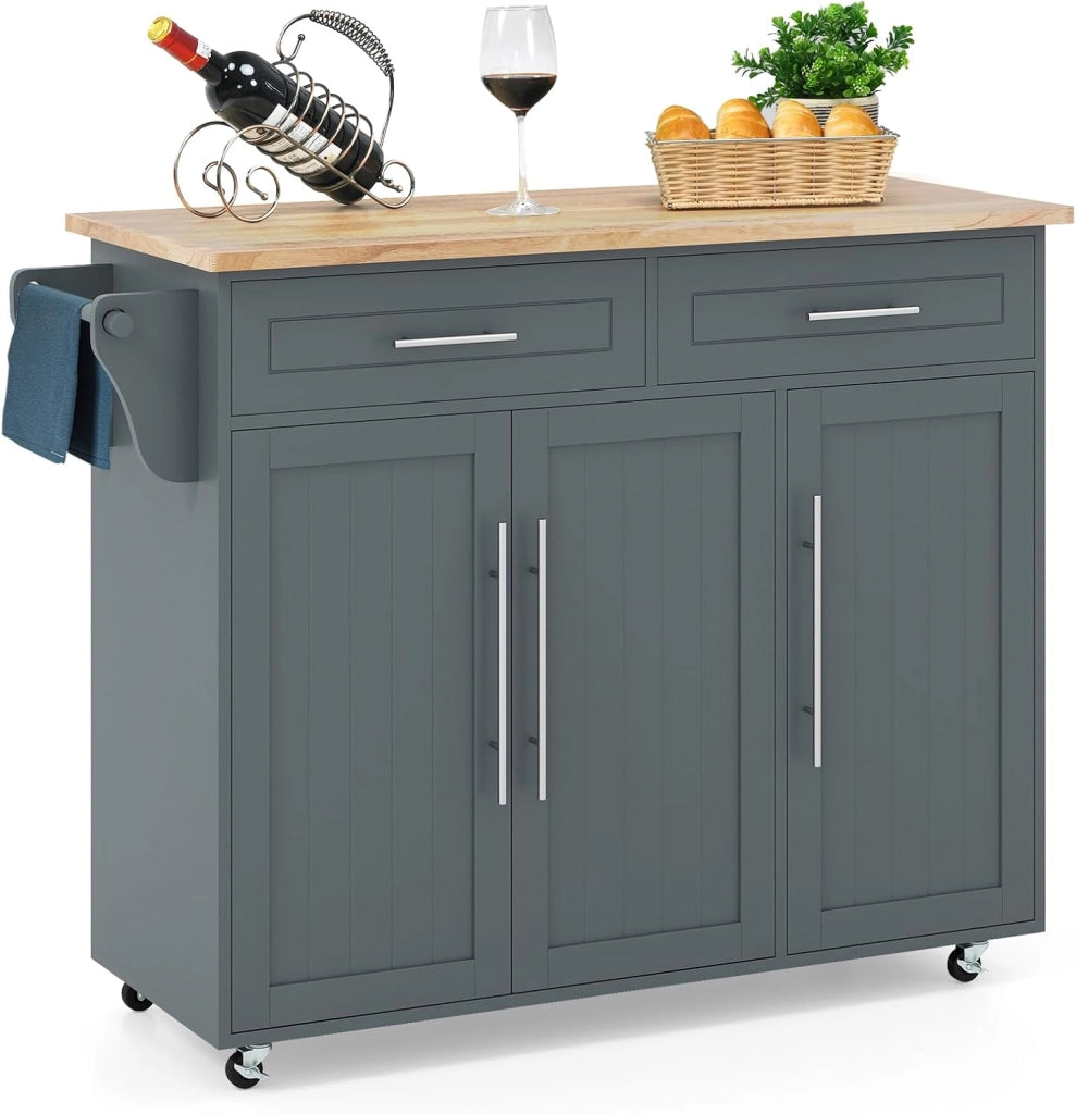 Isola di cucina mobile, carrello da cucina con ruote, 2 cassetti, armadi, portasciugamani e supporto per coltelli, ripiani regolabili, piano di lavoro in legno gomma, 121,5 x 45,5 x 92,5 cm
