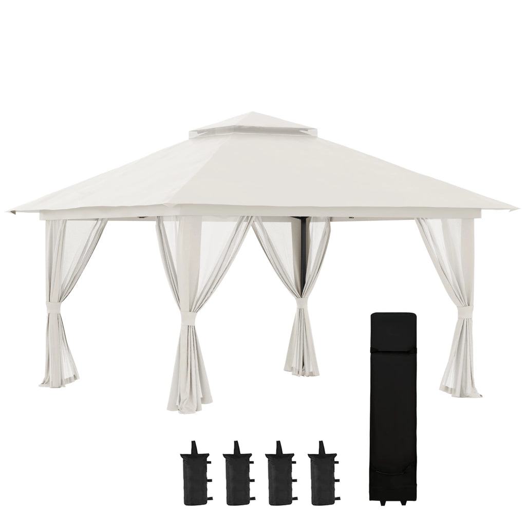 Gazebo Pieghevole 4x4 m ad Altezza Regolabile con Zanzariera e Borsa in Metallo e Tessuto Oxford Crema
