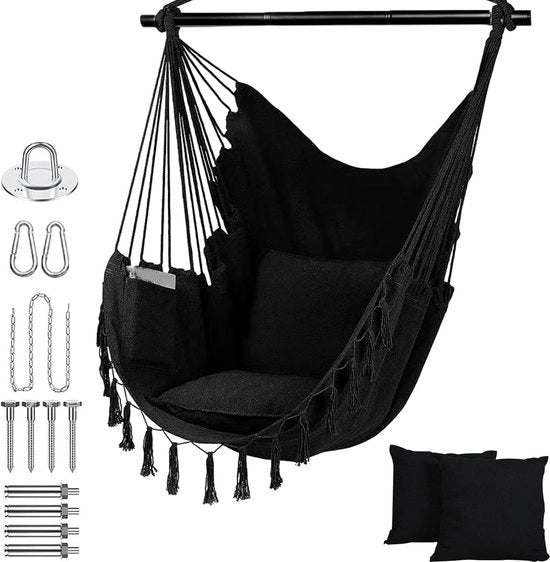 Sedia a sospensione, sospensione oscillante, per interni ed esterni, sedia a sospensione con 2 cuscini e anelli di sostegno per il soffitto, oscillante per adulti fino a 200 kg, per camera da letto, giardino, campeggio (nero)