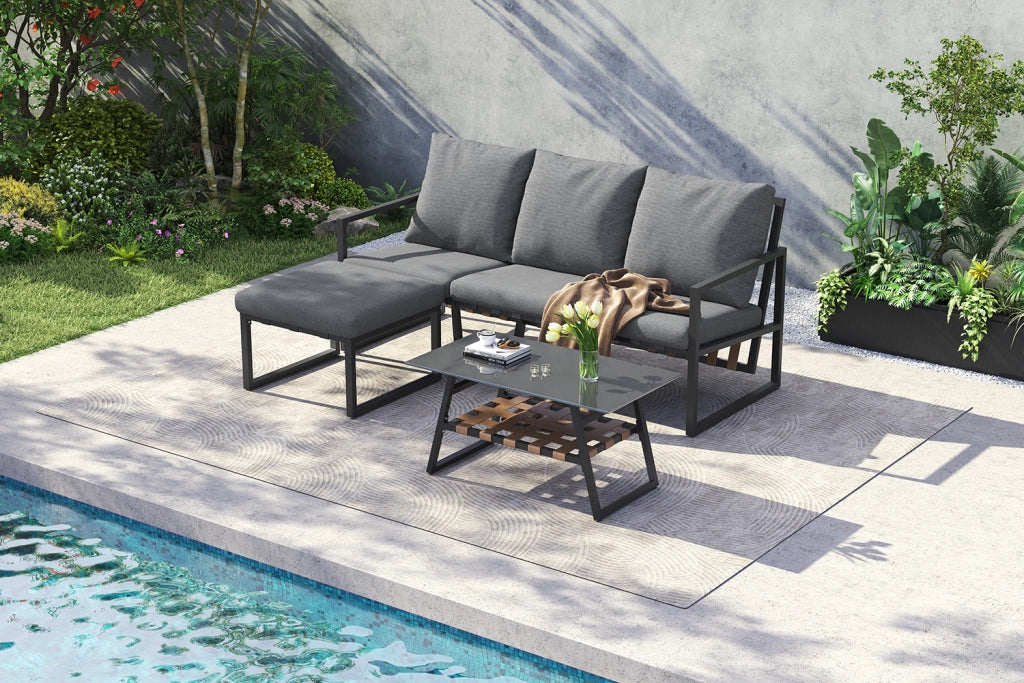Set di mobili da giardino set d'angolo divano + tavolino da caff¨¨ + sgabello tubo in acciaio zincato piano tavolo in vetro adatto a giardini piscine e altre aree esterne grigio