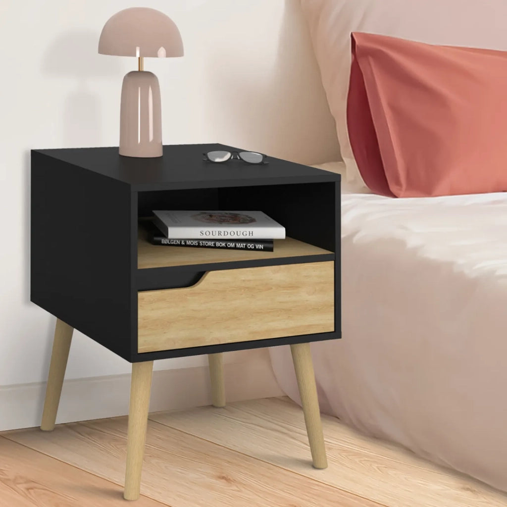 IDMarket - Juego de 2 mesillas de noche escandinavas HELSINKI de 1 cajón en negro y efecto haya