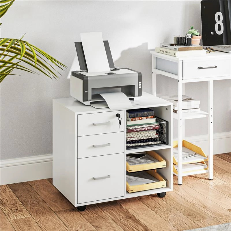 CASSETTIERA PORTADOCUMENTI DA UFFICIO CON 3 CASSETTI RUOTE SERRATURA E CHIAVI 60X40X56 CM BIANCO